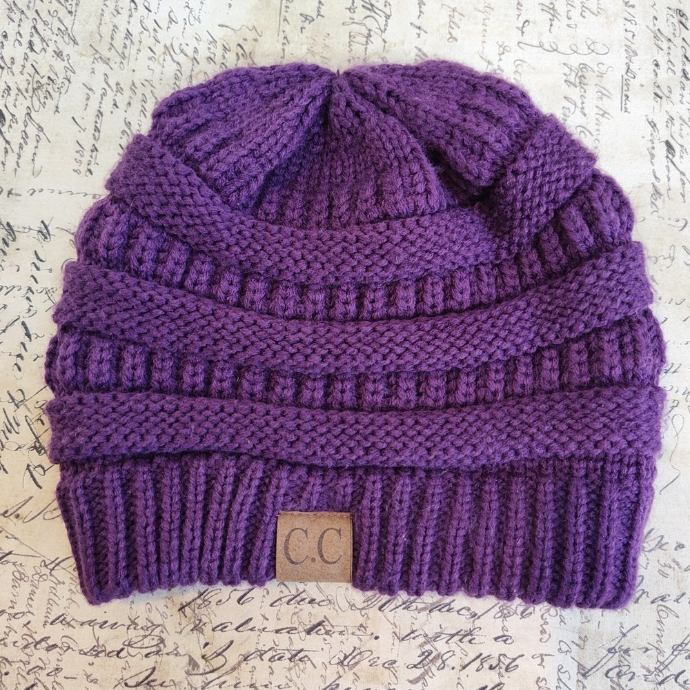 C.C. Beanie Hat Purple Chunky Knit Warm Women's One Size